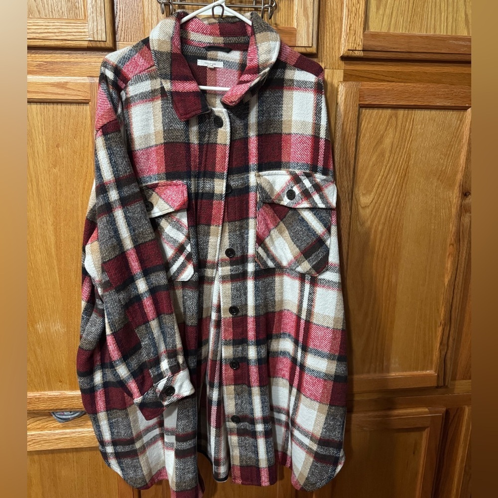 Maurices Red and Black Plaid Flannel Shacket - Picture 2 of 9